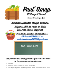 Paul Amap c'est l'AMAP du collège Paul Eluard. Des paniers BIO et LOCAUX chaque semaine livré par Jean Michel Cezeriat notre producteur de Vaulx en Vellin.